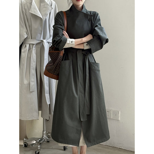 Retro Revers Enkelt Knap Mellemlang Trenchcoat Dame Bæltefrakke