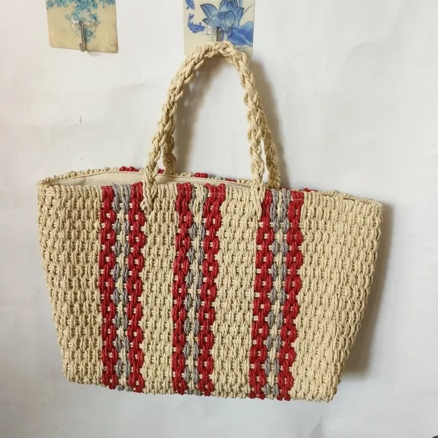 Large Zipper Woven Straw Handbag Casual Large Shoulder Women's Shopping Bag