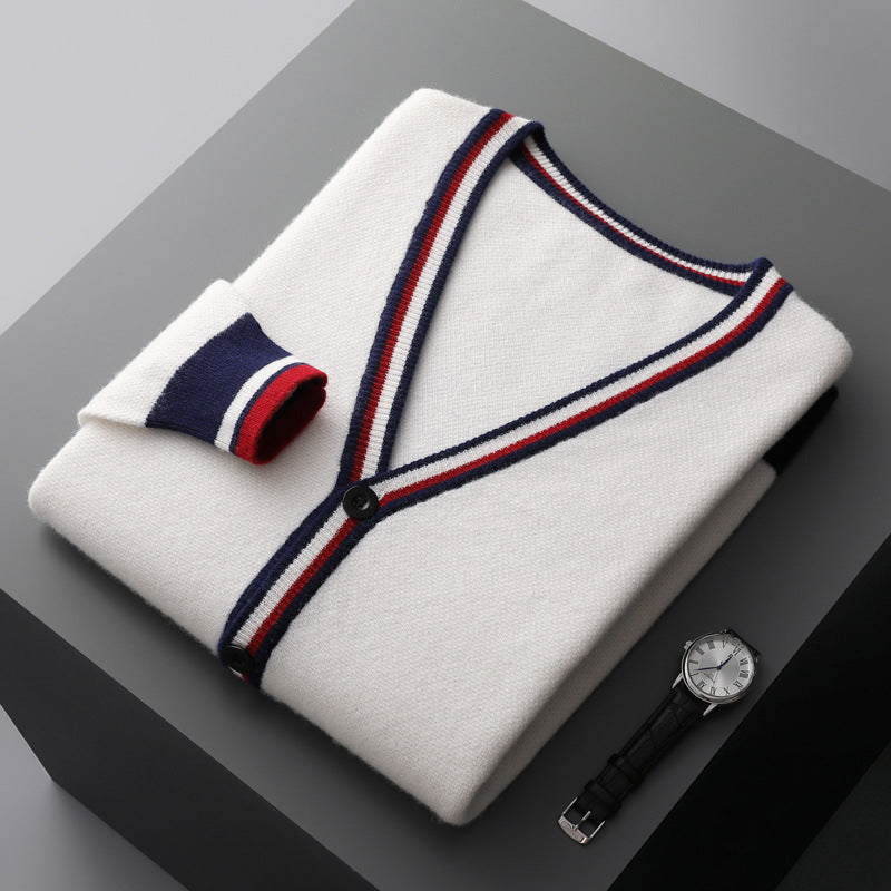 Medium Thick Color Stripes Color Contrast Short Long Sleeve Wool Cardigan