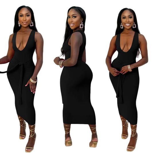 Fashionable V-neck Solid-color Long Dress