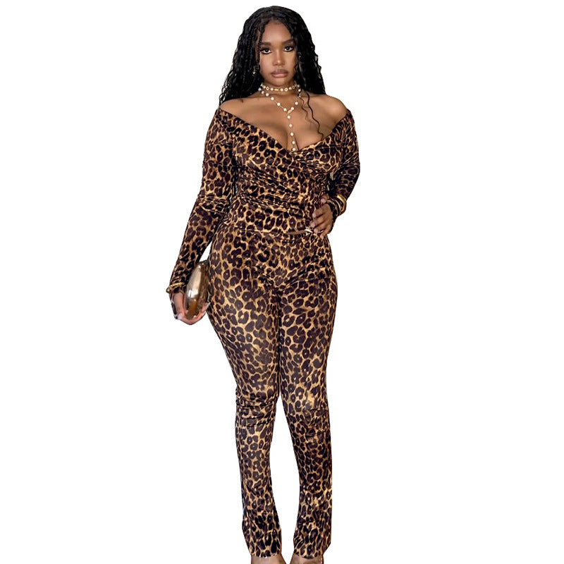 Deep-V-neck Bodysuit And High-waist Straight-leg Pants Set