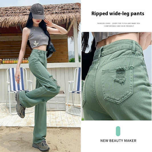 Adjustable Buckle High Waist Ripped Narrow Wide Leg Jeans
