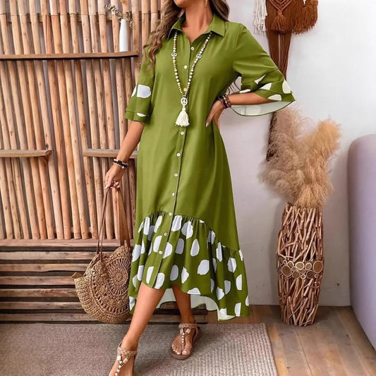 Fashionable Casual Patchwork Polka-Dot Long Shirt Dress For Women
