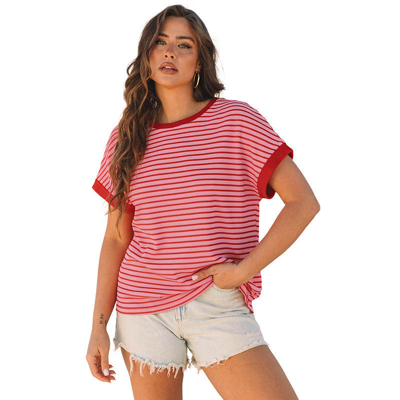 Women's Loose Striped Knitted Short-sleeved T-shirt