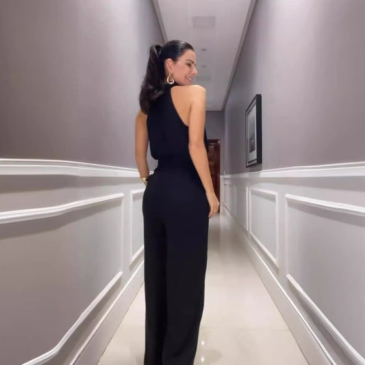 Udenrigshandel Grænseoverskridende Mode Rund Hals Talje Brede Ben Jumpsuit Til Kvinder