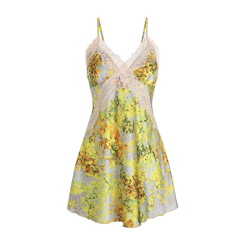 Yellow Floral Satin Cross Lace Waist Slimming Nightdress