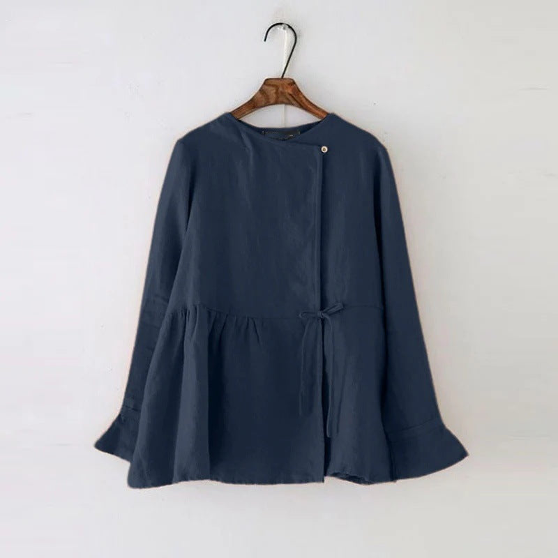 Womens Cotton Waist-Cinching Long-Sleeve Crew-Neck Button-Front Blouse With Ties