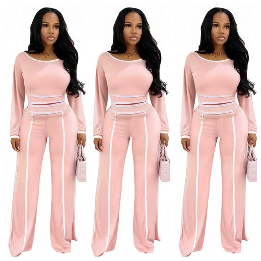 Stylish Wide-leg Solid-color Patchwork Two-piece Set