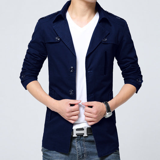 Cotton Washed Men's Trench Coat Mid-length Lapel Jacket