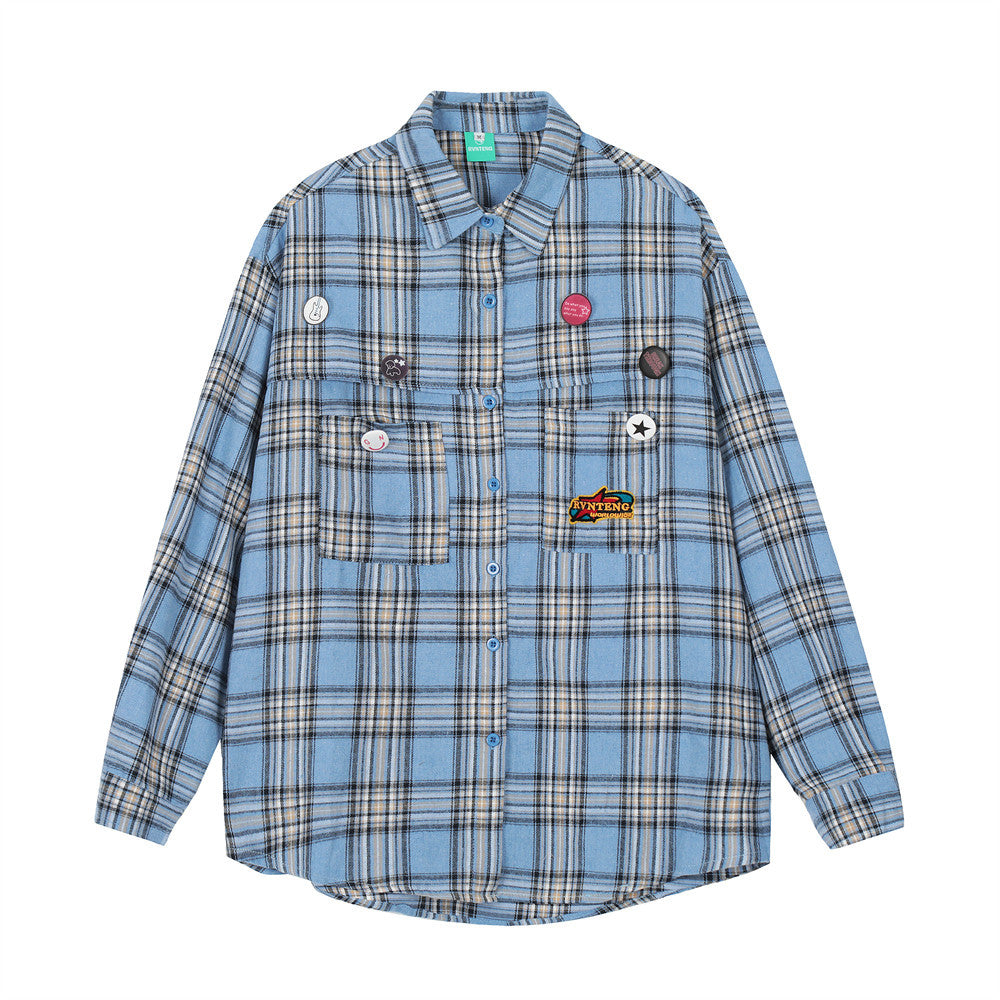 American Fashion Brand Badge Plaid Long Sleeve Shirt Outer Wear