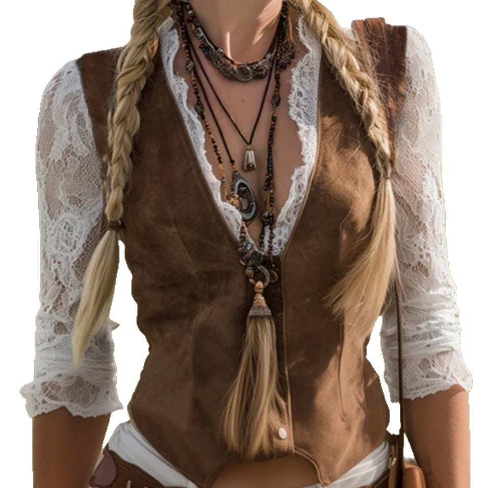 Designer Lace-spliced Faux Two-piece Top