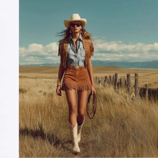 Western Retro Bohemian Style Caramel-Colored Faux Suede Fringe Skirt