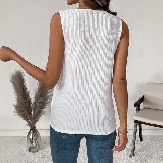 Women's Fashion Casual Sleeveless V-Neck Layered Collar Pleated Texture Jacquard Tank Top