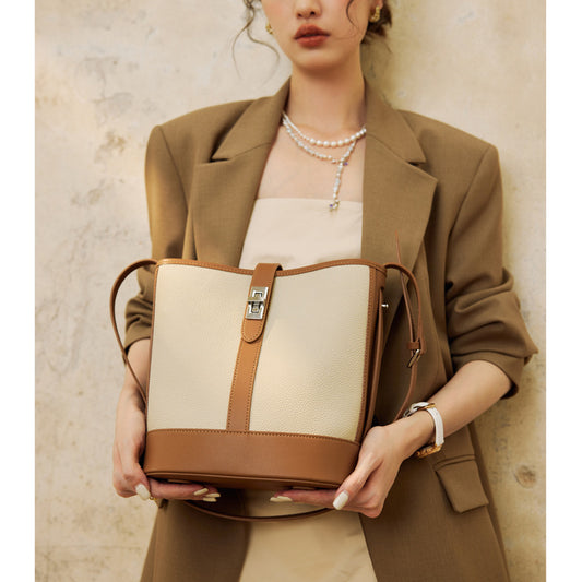 Large Capacity Women's Cowhide Bucket Shoulder Bag