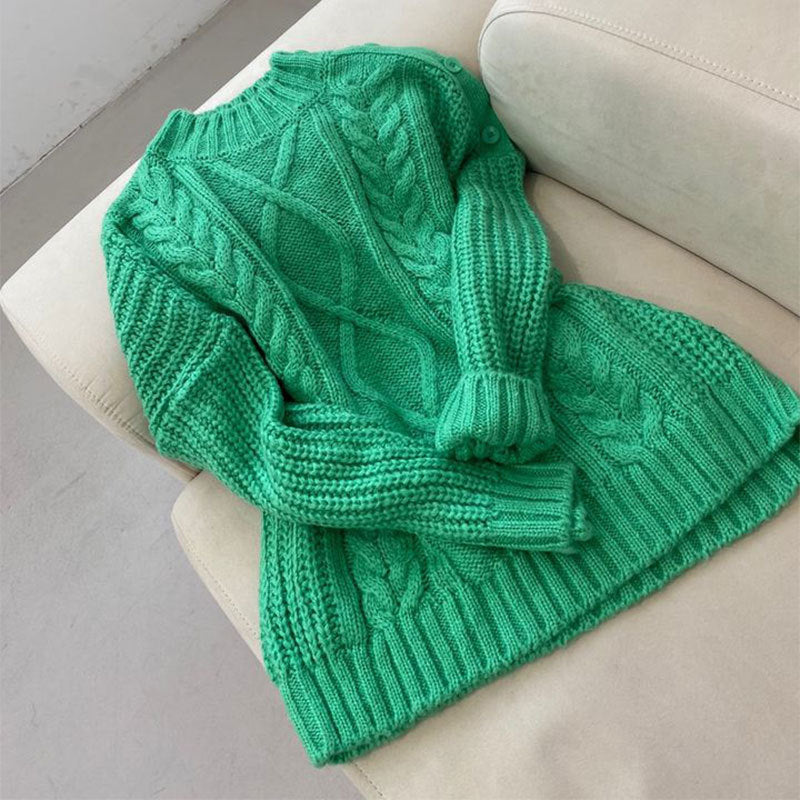 Side Button Hemp Pattern Design Loose Long Sleeve Knitted Sweater