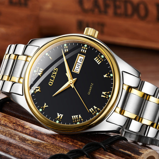 Double Calendar Simple Quartz Watch Tide Brand Waterproof Steel Band Watch