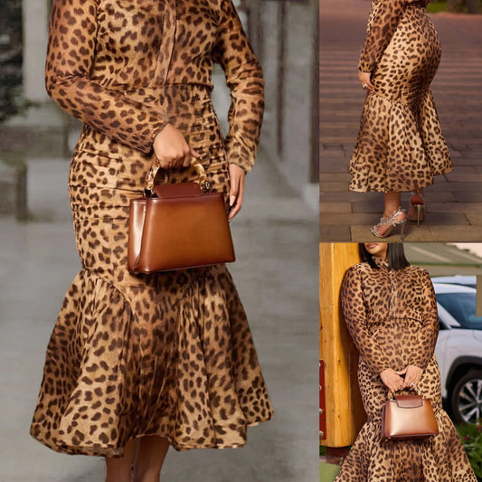 Plus-size Casual Two-piece Set Featuring A Long-sleeved Fishtail Skirt And Top