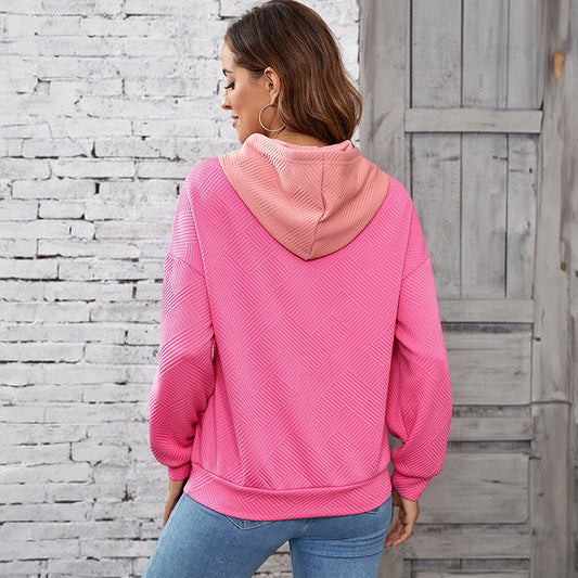 Vinter hættetrøje til kvinder med kontrastfarver og patchwork, løs pasform, pullover-top