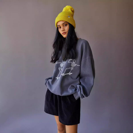 Dame Langærmet Skull Skateboard Løs Top