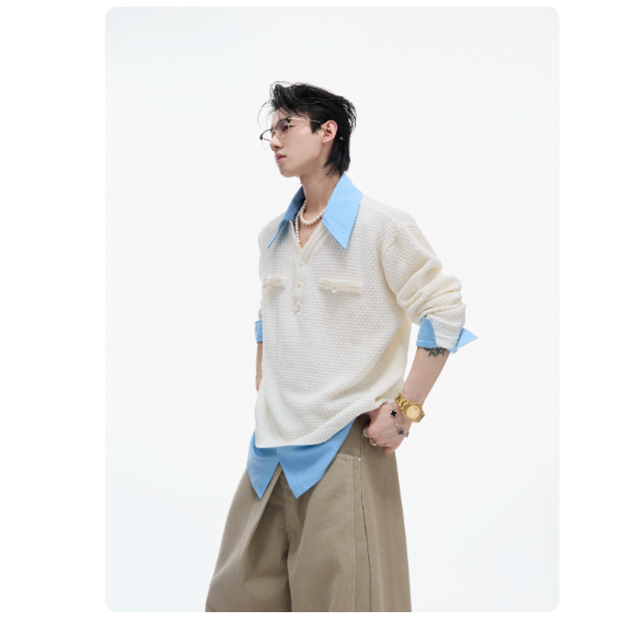 Niche Textured Faux Two-piece Shirt With A Bold Color-block Design