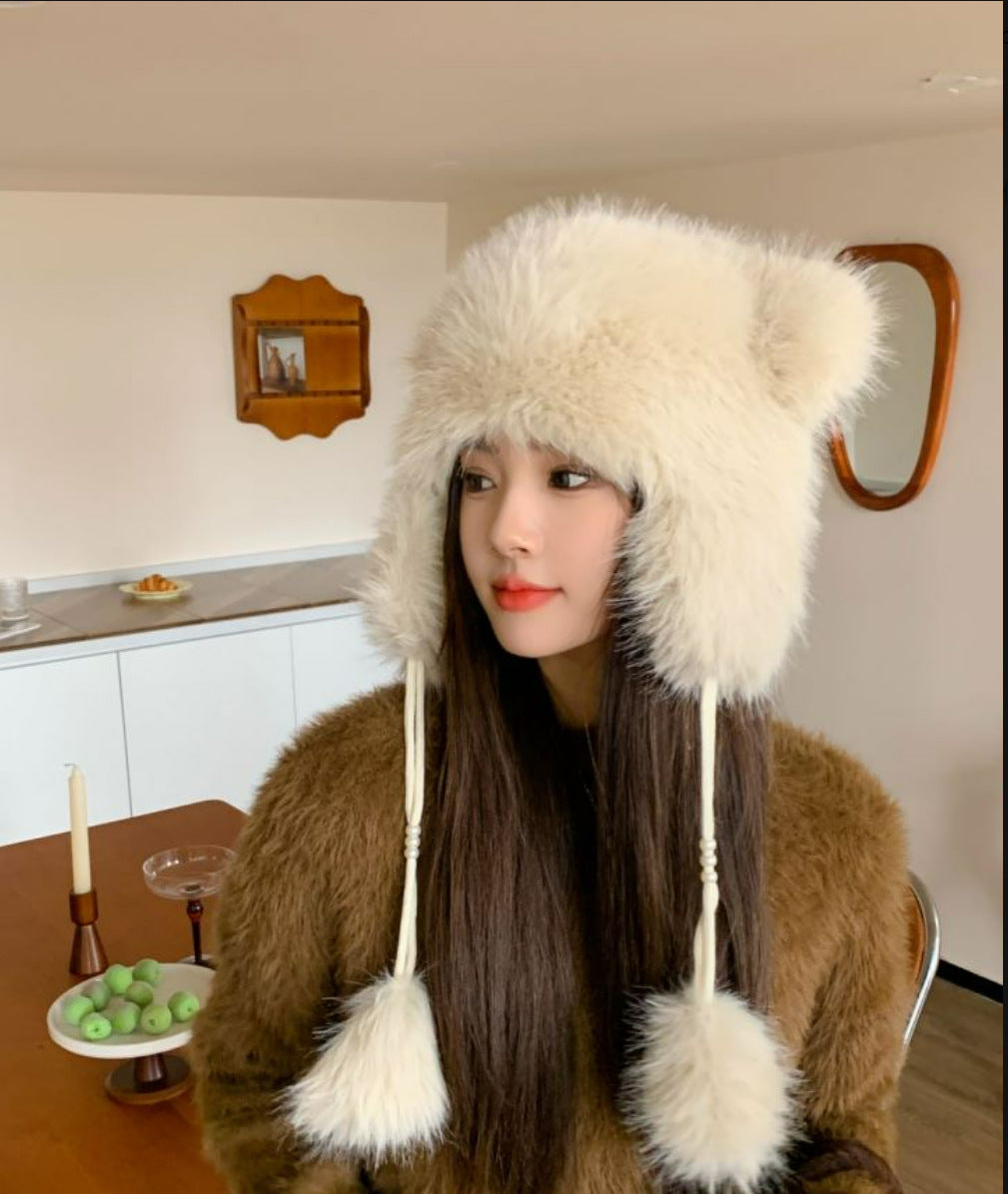 Winter Earflaps Thick Plush Women Cute Bear Ears Hanging Ball Thermal Head Cover Beanie Hat