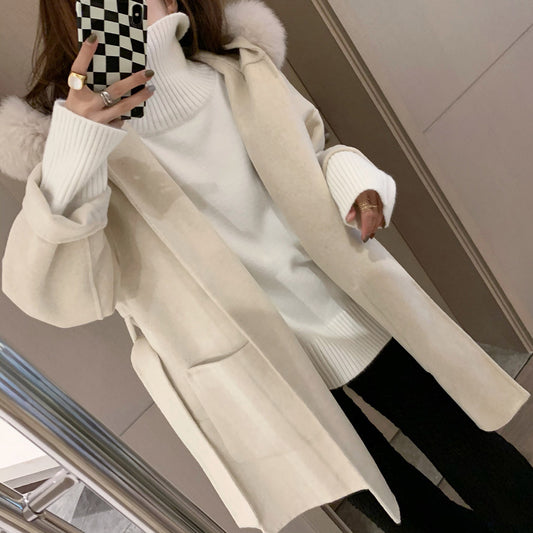 Hooded Casual Fur Collar Double-sided Woolen Belt Jacket