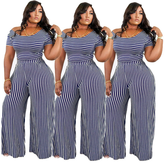 Womens Striped Printed Wide-Neck Short-Sleeve Fashionable Loose Casual Set