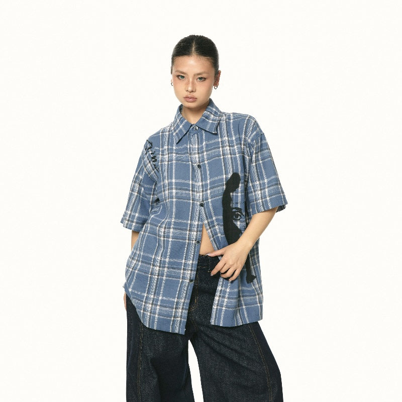 New Blue Color Plaid Loose Short Sleeve Shirt