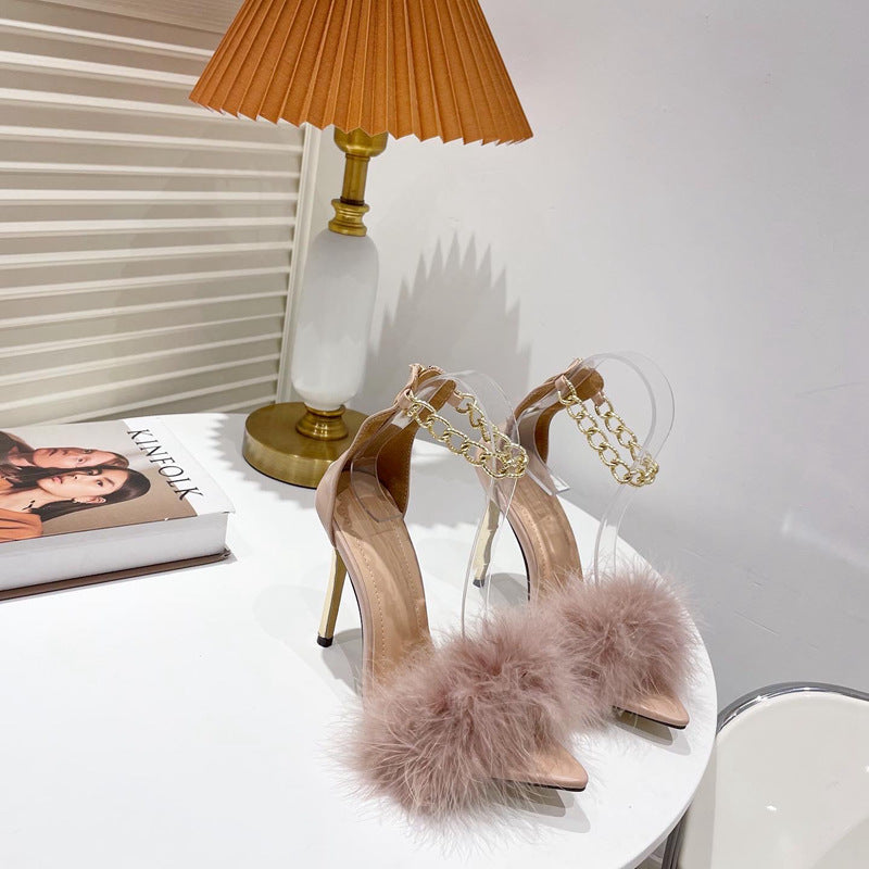 New Style Pointed Toe Chain Hair Stiletto Heel Sandals Women
