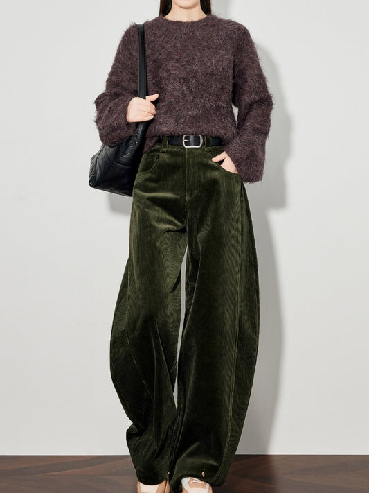 Womens Green Corduroy Casual Pants Wide-leg Style