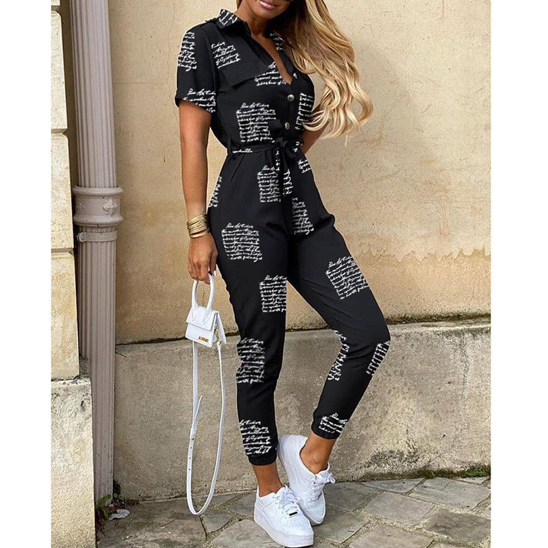 Casual Lapel Button Print Belt Cargo Jumpsuit
