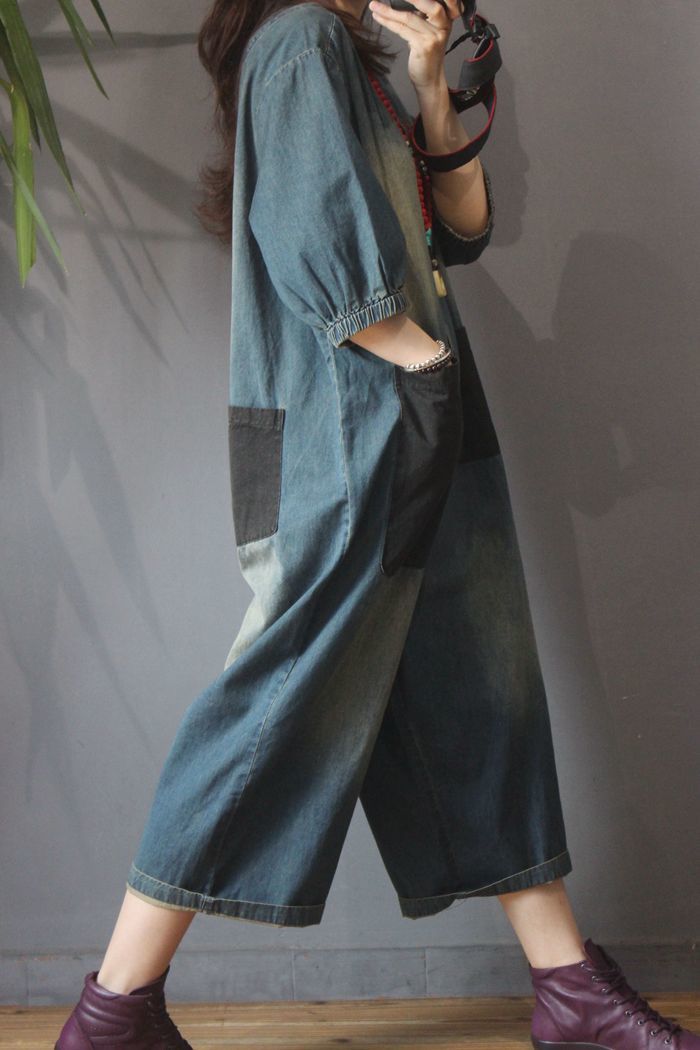 Retro Personality Plus Size Patch Large Pocket Jumpsuit