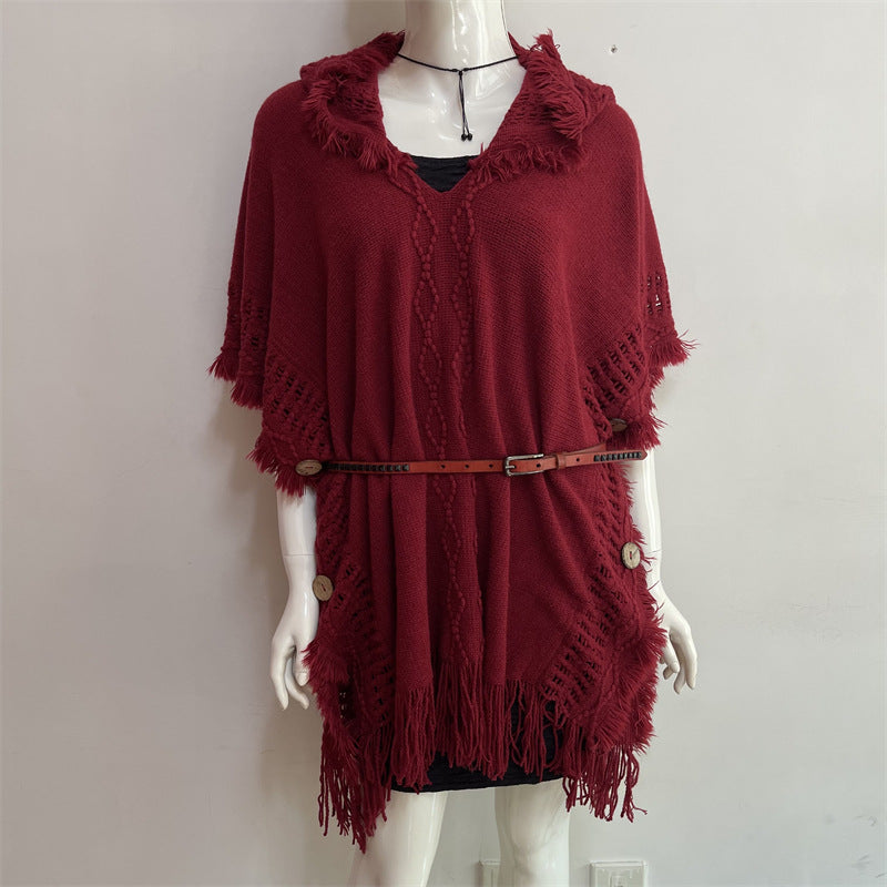 Autumn And Winter European And American Plus Size Hooded Pullover Sweater Tassel Batwing Shirt