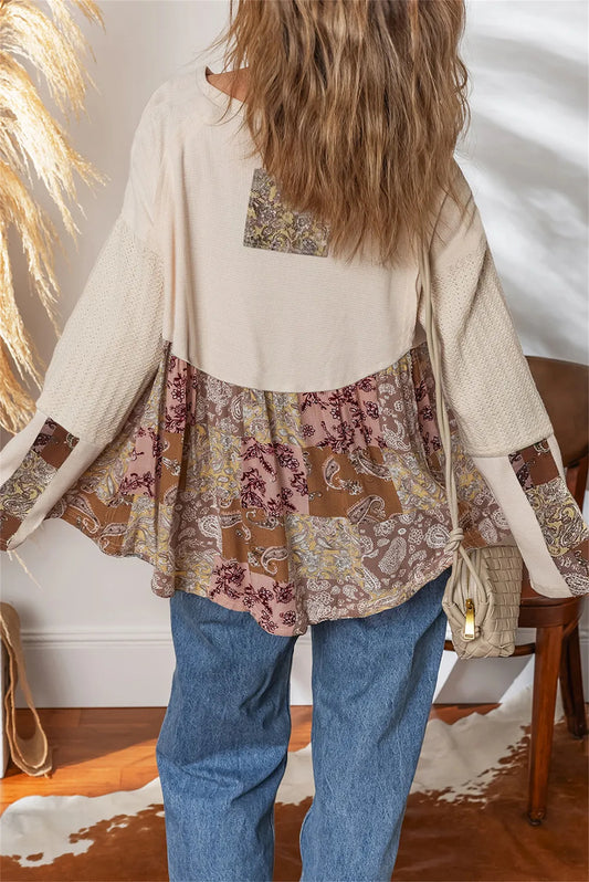 Beige Paisley Etni Print Kontrast Patchwork Langærmet Løs Top