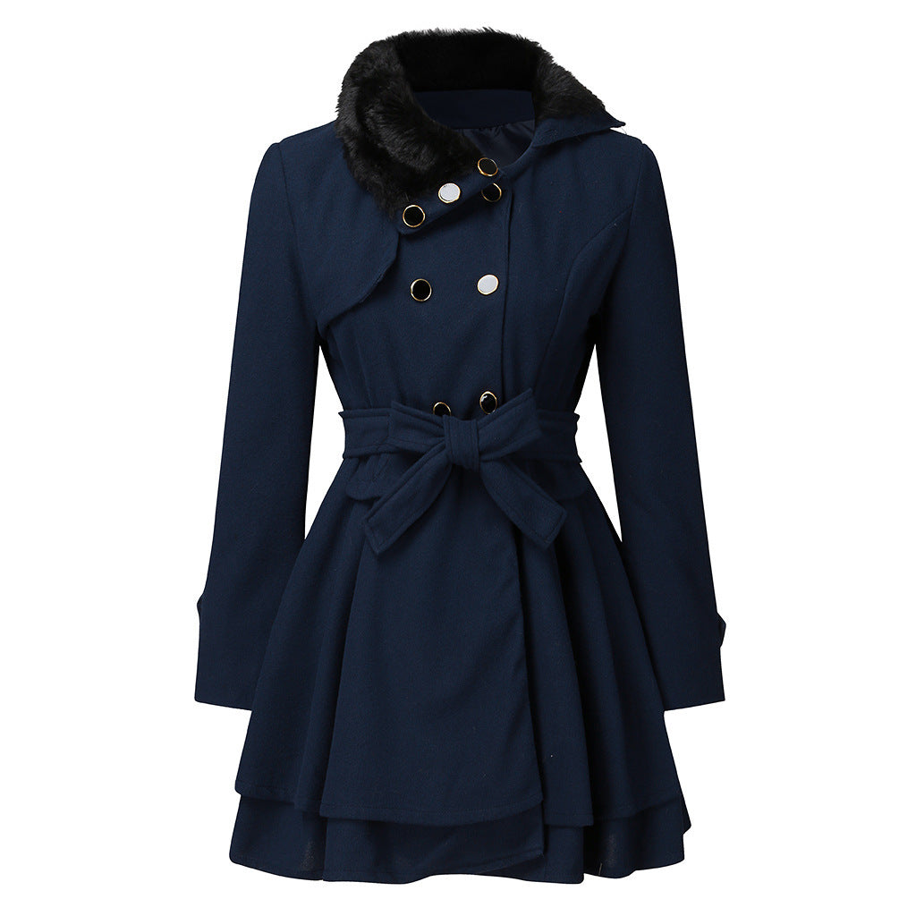Women's Fur Collar Coat Double-breasted Trench Coat With Large Skirt