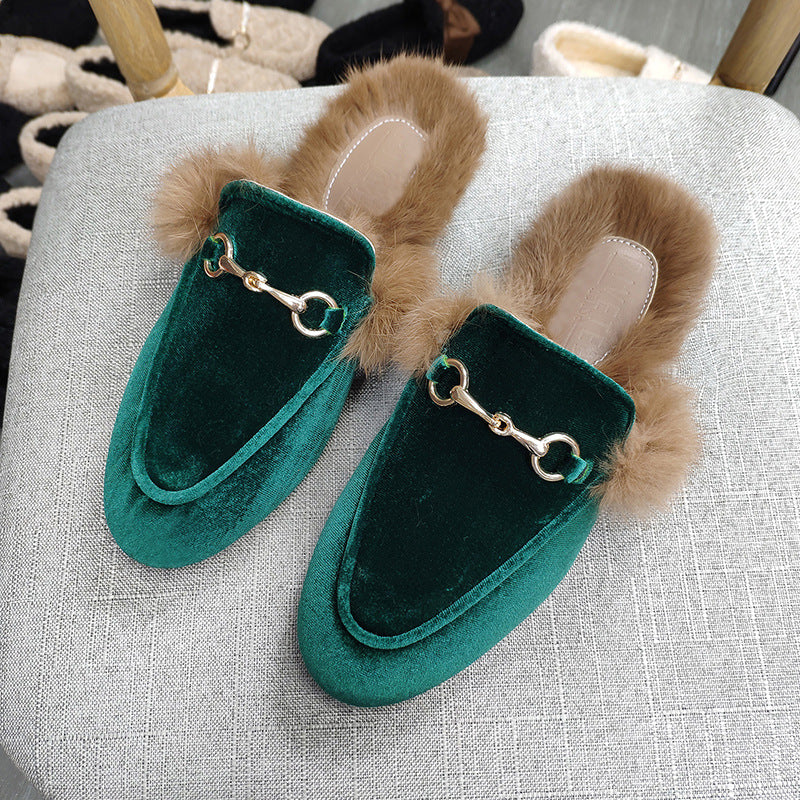 Rabbit Fur Fleece Toe Half Slippers Women All Match Flat Bottom