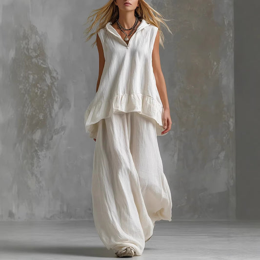 Casual Sleeveless Top And Fashionable Wide-Leg Pants Two-Piece Set