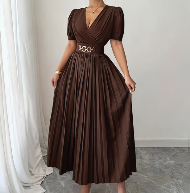 Cross V-Neck Defined Waist Slimming Puff Sleeve Patchwork Pleated Dress For Women