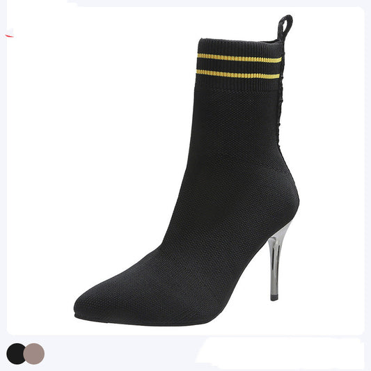 Women's Fashion Pointed Toe Stiletto Flying Knitted Ankle Boots