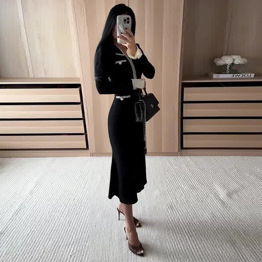 Flared-sleeve Waist-cinched Sheath-style Elegant Black Midi Dress
