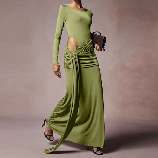 Womens Round-Neck Long-Sleeve Pleated Green Sheath Dress
