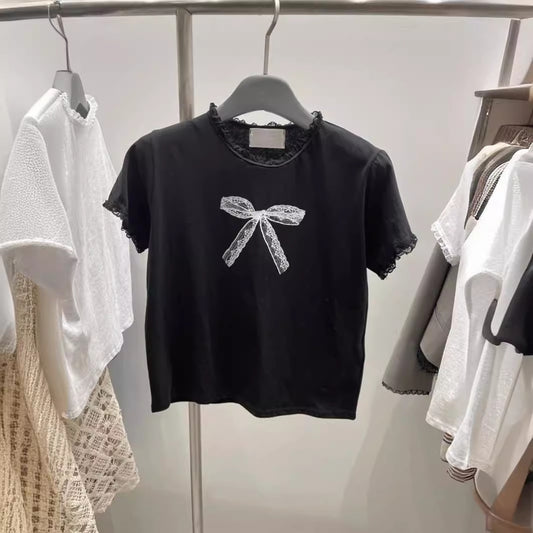 Lace Stitching Bow Printed Round Neck Short Sleeve