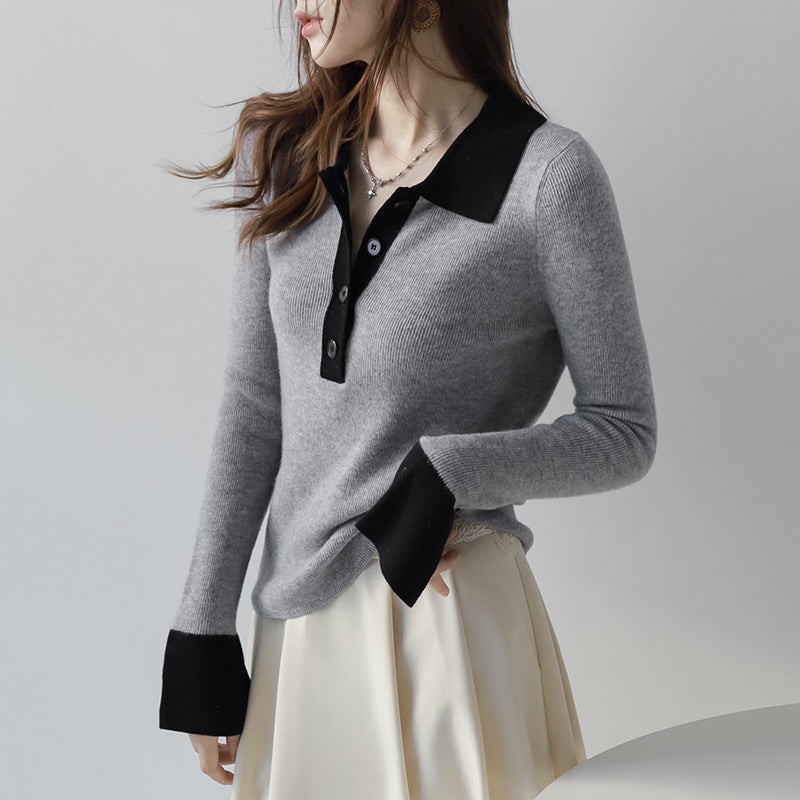 French Style Polo Collar Knitted Bottoming Shirt Long Sleeve Contrast Color Slim Fit Sweater