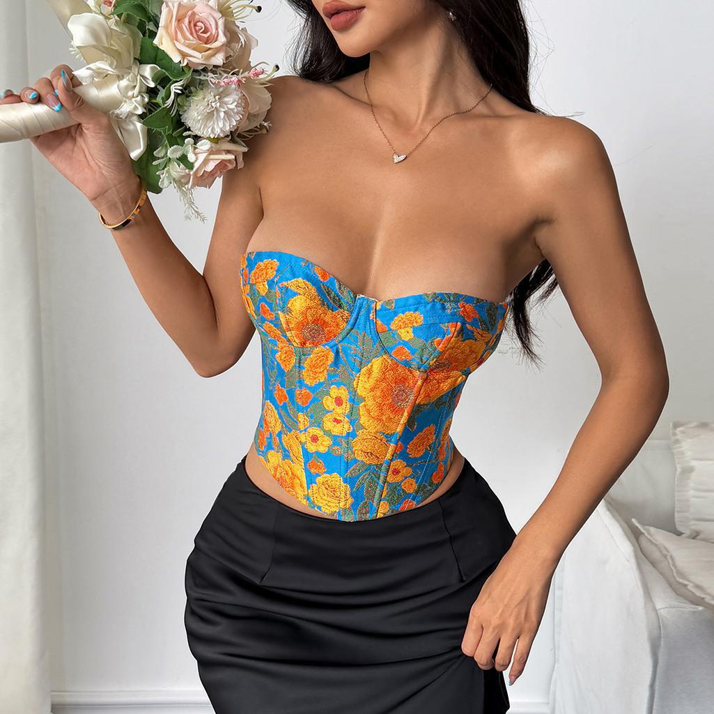 Retro Jacquard Oil Painting Colorful Fishbone Vest Lace-up Bustier