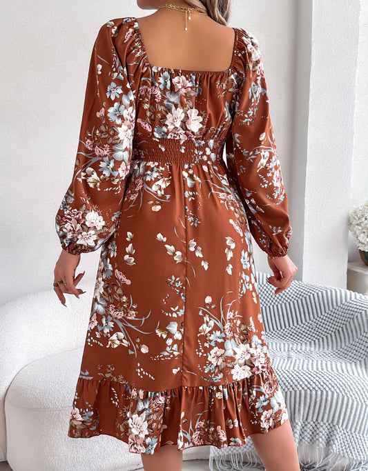 Women's Elegant Floral Print Square Neck Long Sleeve Tie Waist Ruffle A-Line Dress