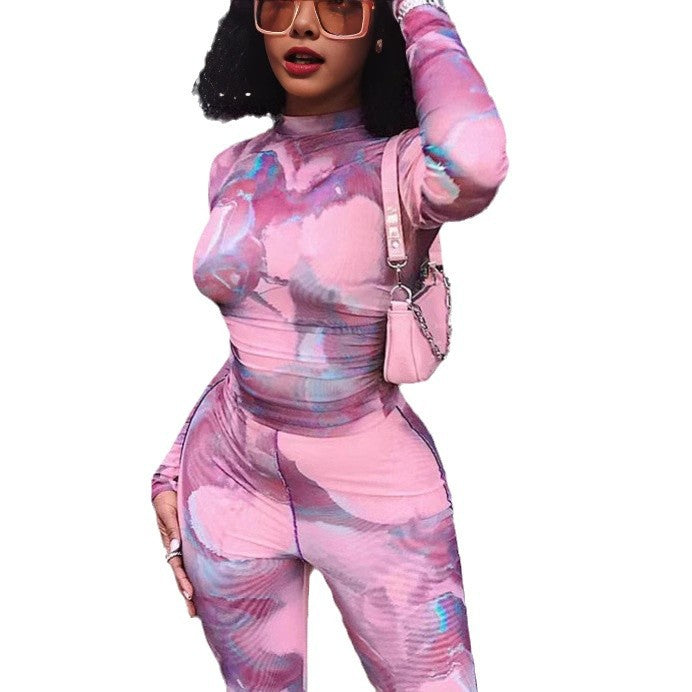 Printed Long-sleeved Fitted Top With Wide-leg Pants