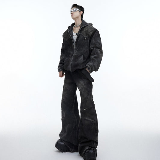 Distressed Padded Shoulder Hooded Denim Jacket Suit Metal Embellished Jeans