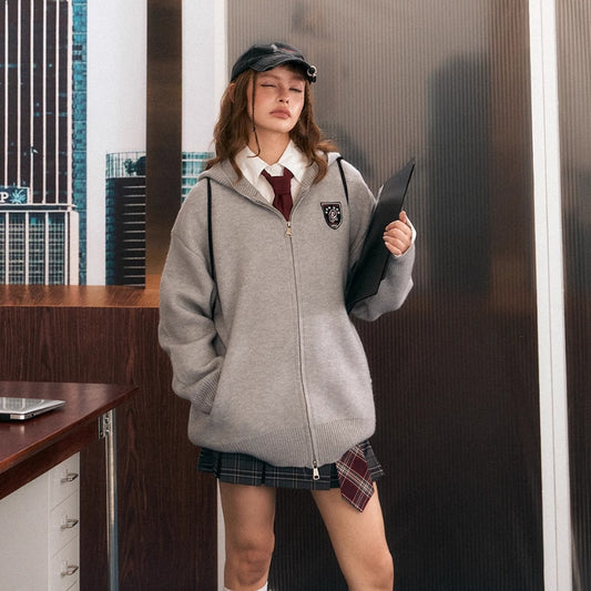 Retro Hooded Double Zipper Knitted Cardigan