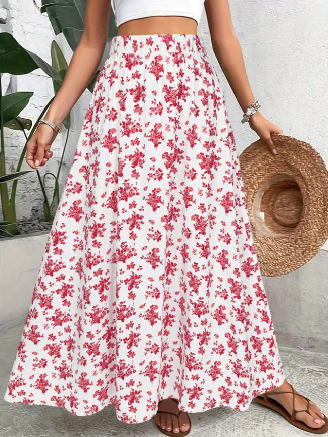 Bohemian Floral Print Waist-Cinching Lightweight Flowy Summer Maxi Skirt