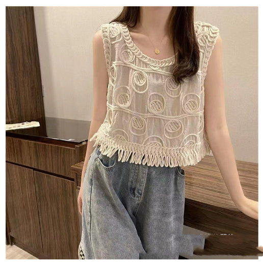 Women's Tassel Age-reducing Chiffon Patchwork Lace V-neck Shirt